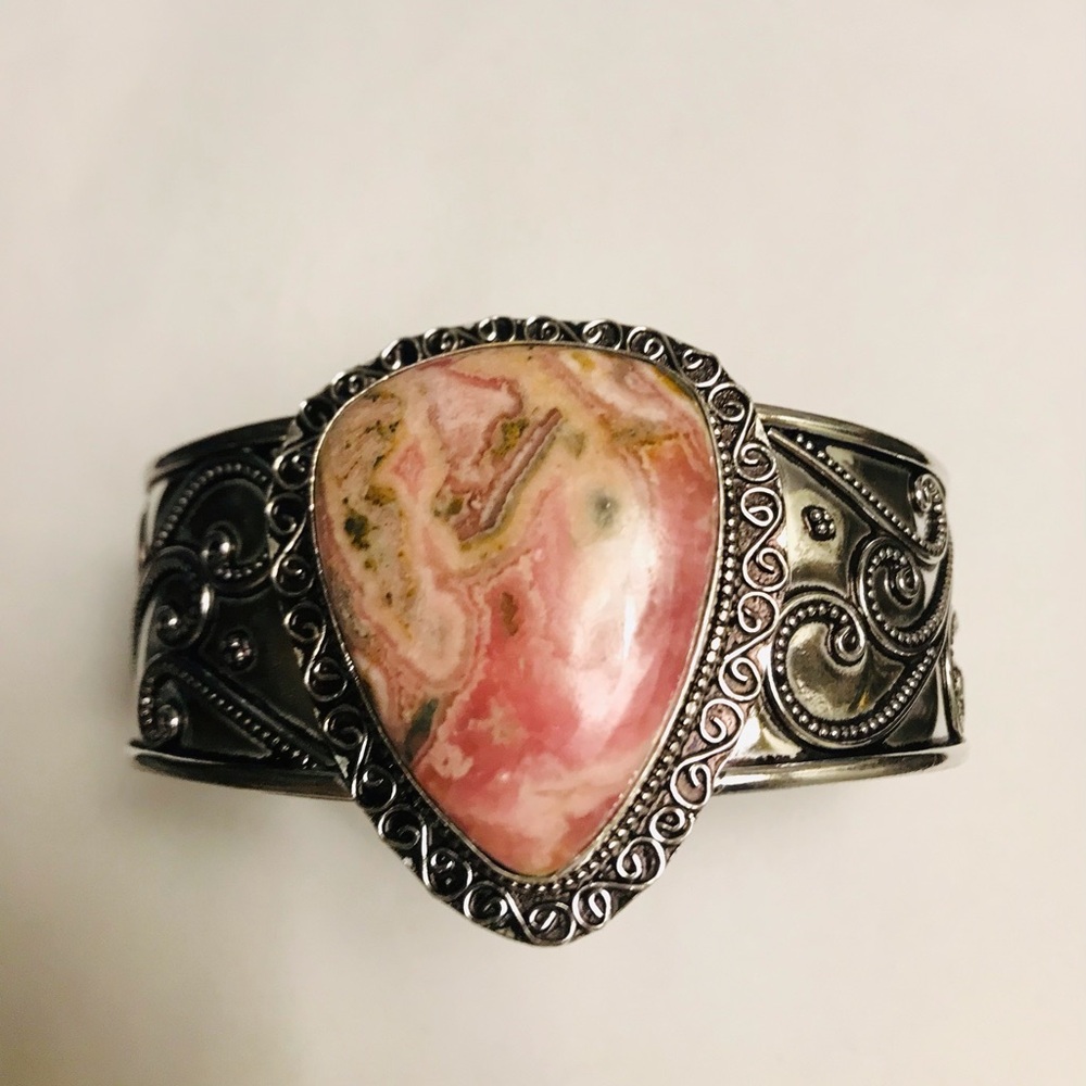 Rhodochrosite Stamped 925 Sterling Silver Cuff Bracelet